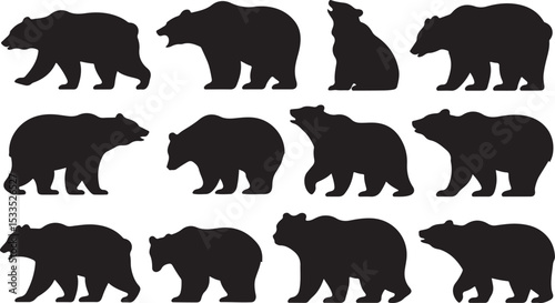 grizzly bear silhouette collection with multiple bear poses and walking positions for wildlife and animal vector design