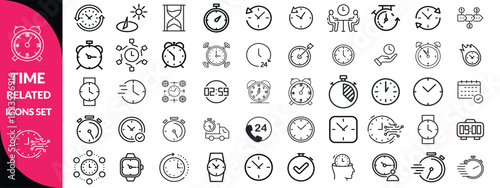 Set of time related line iconsTime Line Editable Icons set. Vector illustration in modern thin line style of clock related icons: timer, stopwatch, alarm, and more. Isolated on transparent background.