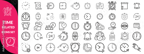 Set of time related line iconsTime Line Editable Icons set. Vector illustration in modern thin line style of clock related icons: timer, stopwatch, alarm, and more. Isolated on transparent background.