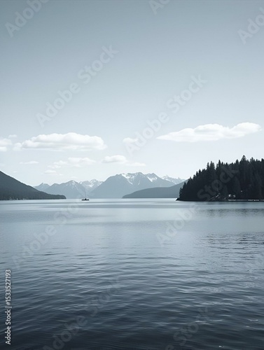 black and white Queen Charlotte Strait blue sky view from Malcolm island