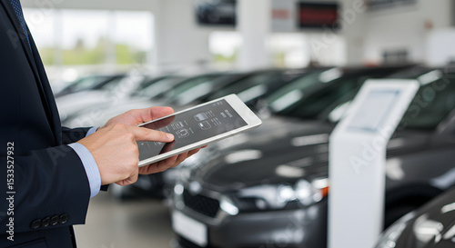 Salesperson using a tablet in a car dealership, showing a modern approach in the automotive industry
