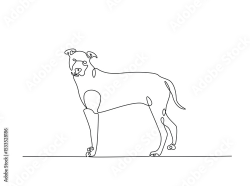 Dog sitting in single outline illustration. Continuous line art drawing of woman cute dog. Editable stroke.