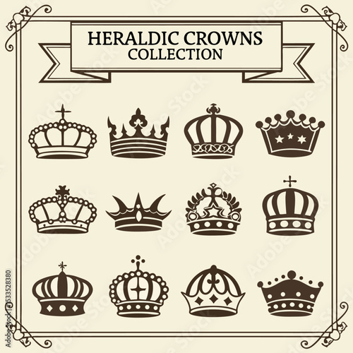 A vintage royal crown vector icon set with heraldic and luxury design elements