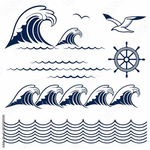 Vector illustration of sea animals and ocean elements with a seamless blue wave pattern