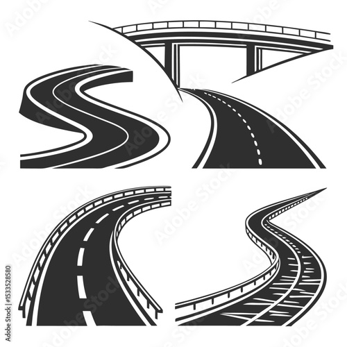 Winding asphalt road vector illustration with a curved path design showing a journey concept