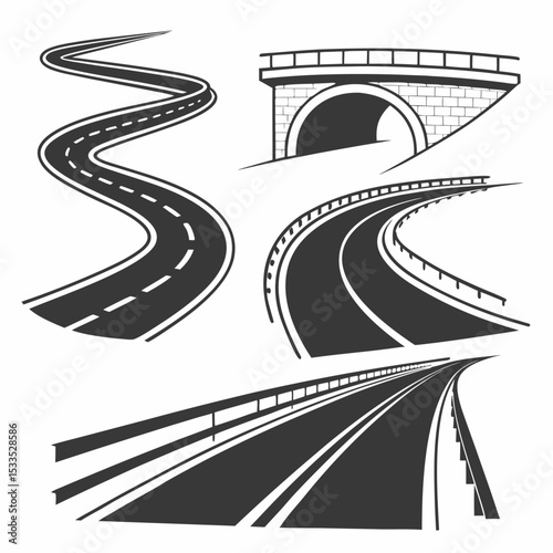 Winding city road vector illustration showing a curved asphalt street with traffic lanes and a distant horizon, ideal for abstract transportation journey designs