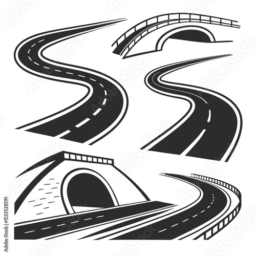 Winding road highway with vector arrows, street signs, and traffic lines for a long journey concept