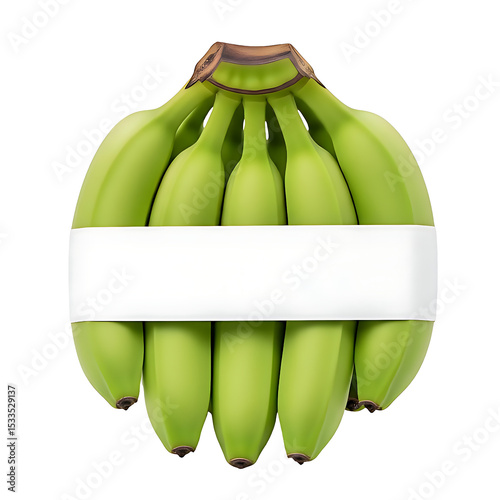 A raw green banana bunch tied by white blank label band mockup isolated on white background