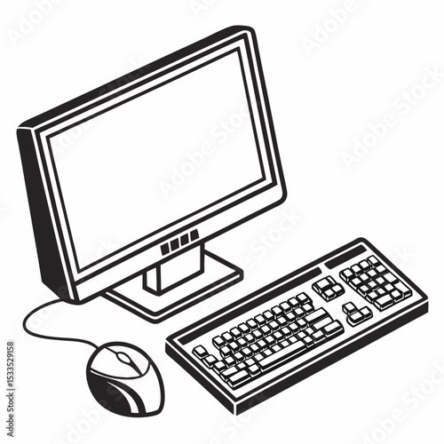 Black desktop PC workstation with keyboard, mouse, and monitor on an office desk illustrating computer hardware technology