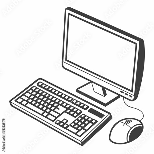 Black desktop PC workstation with LCD monitor, keyboard, and mouse on an office desk, ideal business technology for internet and network tasks