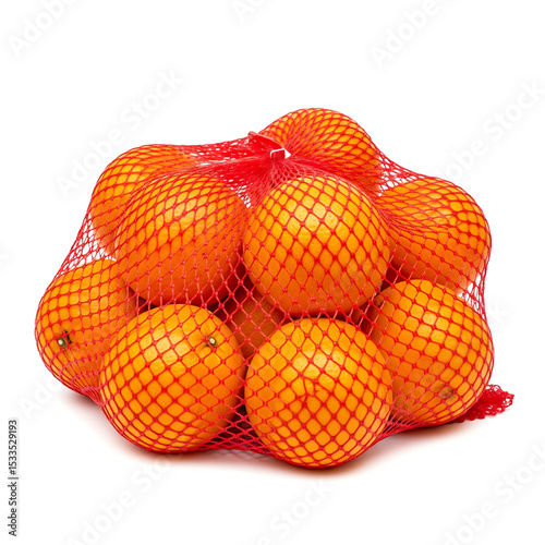 Red mesh bag filled with oranges isolated on white background