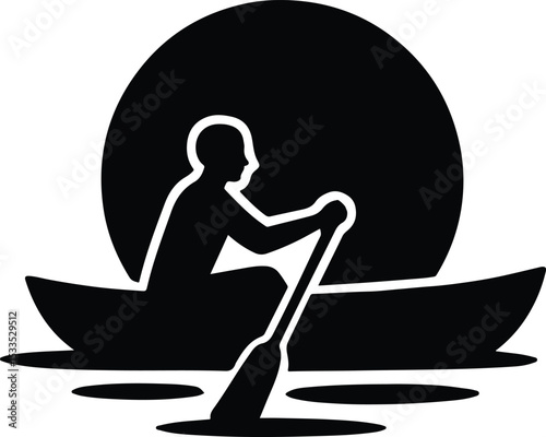 Silhouette of person canoeing in front of sun vector illustration