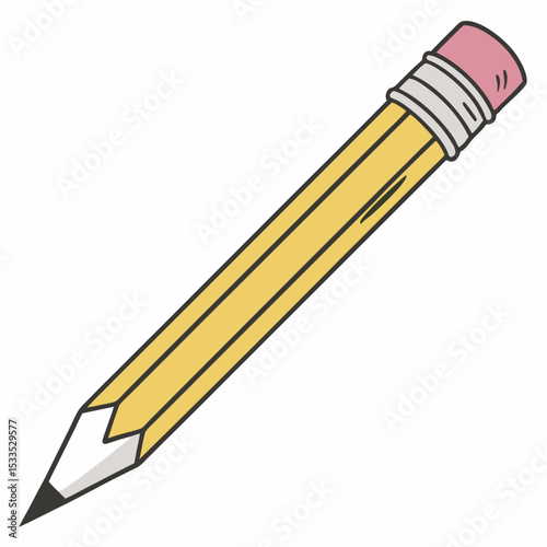 Sharp wooden yellow pencil with an eraser, isolated on a white background, perfect for school, office, drawing, or writing