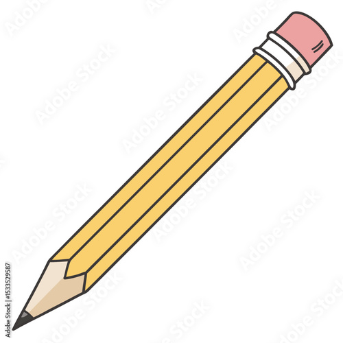 A sharp yellow wooden pencil with an eraser, isolated on a white background, is ready for school education or office writing