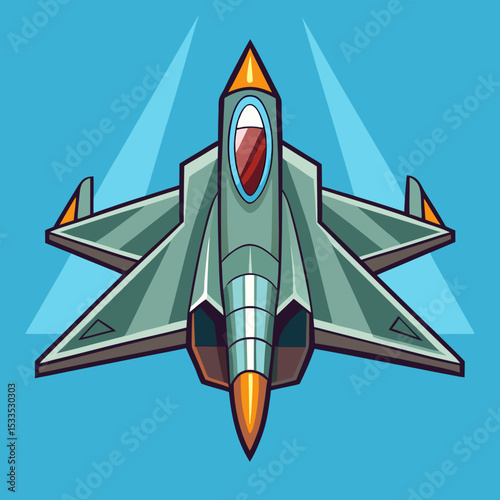 Stylized Fighter Jet Illustration with Geometric Design and Bold Outlines Against a Light Blue Backdrop Evoking a Sense of Speed and Futuristic Aviation Technology illustration