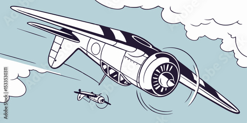 Vintage Airplane Illustration A monochrome depiction of a classic airplane soaring through a sky filled with fluffy clouds accompanied by a smaller aircraft evoking a