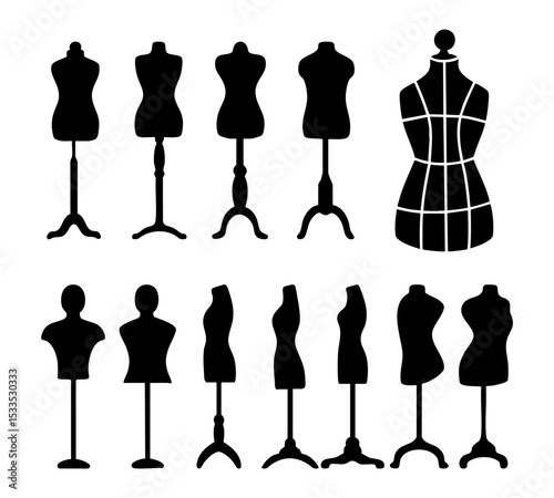 Set of mannequin icon silhouette. Black and white clip art vector illustration