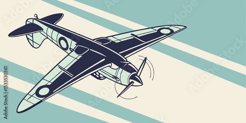 Vintage Style Airplane Illustration with Retro Striped Background Depicting a Classic Warbird in Flight with Stylized Design and Limited Color Palette Evoking Nostalgia and Aviation