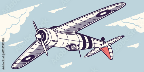 Vintage Airplane Illustration A stylized depiction of a classic warbird soars through a pastel sky dotted with fluffy clouds evoking a sense of nostalgia and