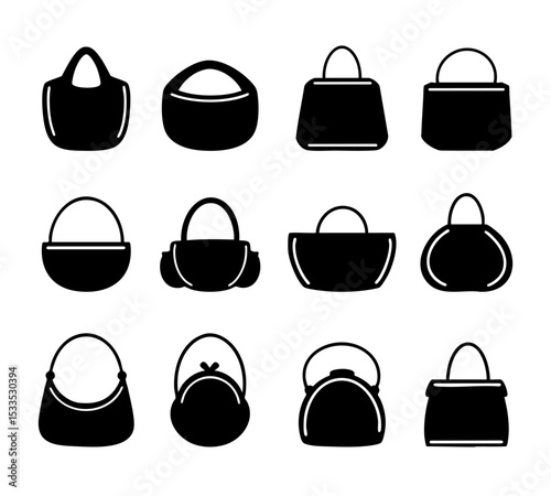 Set of handbag icon silhouette. Black and white clip art vector illustration