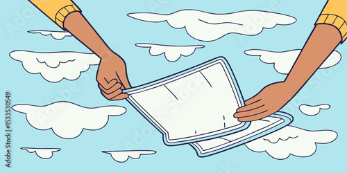 Illustration of hands holding two clear rectangular bags against a light blue sky with white cartoon style clouds creating a whimsical and airy visual Cartoon