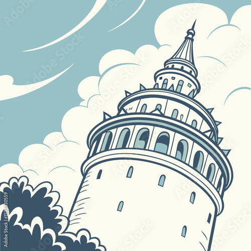 Stylized Illustration of Galata Tower in Istanbul Turkey with Clouds and Sky Depicting a Historical Landmark with Unique Architecture and a Distinctive Silhouette in a