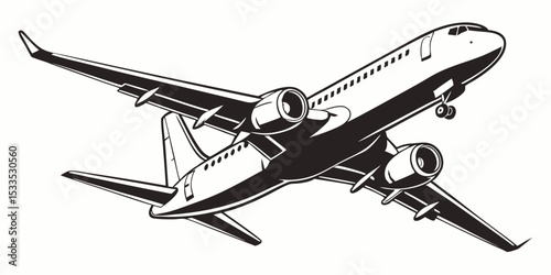 Monochrome Illustration of a Passenger Airplane Ascending into the Sky with Engines Visible Suitable for Aviation Enthusiasts and Travel Related Designs Against a Clean White