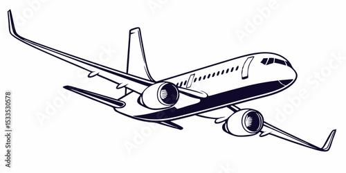 Stylized Airplane Illustration A Detailed Black and White Depiction of a Modern Jetliner Ascending Featuring Intricate Engine and Wing Designs Against a Plain White Background