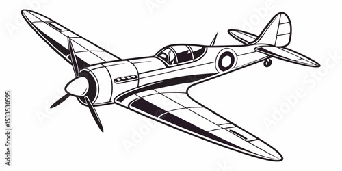 Monochrome Illustration of a World War II Fighter Plane A Detailed Depiction of a Classic Aircraft with Distinctive Markings and Streamlined Design Rendered in a
