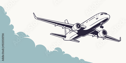 Stylized Airplane Illustration A commercial jet with landing gear extended flies through a cloudy sky rendered in a clean modern and graphic style with minimal