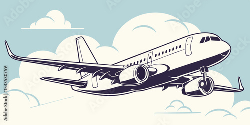 Stylized Commercial Airplane Ascending Through a Cloudy Sky Featuring a Two Tone Color Palette and a Clean Modern Aesthetic Evoking a Sense of Travel and