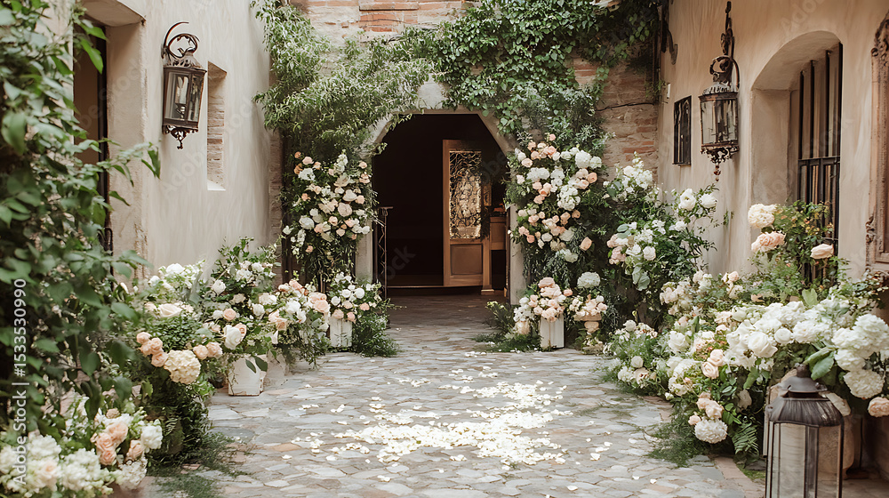 Fototapeta premium Luxurious wedding scenes in elegant natural and architectural settings, surrounded by florals, candlelight, and evolving romantic atmospheres.
