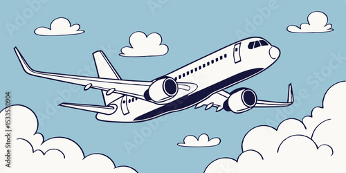 Cartoon Airplane Flying Through the Sky with Clouds a Simple Illustration of Air Travel and Aviation Suitable for Children s Books or Travel Related Content