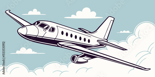 Vintage Style Illustration of a Twin Engine Airplane Flying Through a Cloudy Sky Depicted in a Retro Cartoon Style with a Limited Color Palette and