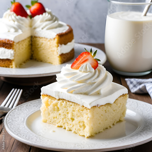 Tres leches cake, soaked in milk and topped with whipped cream.