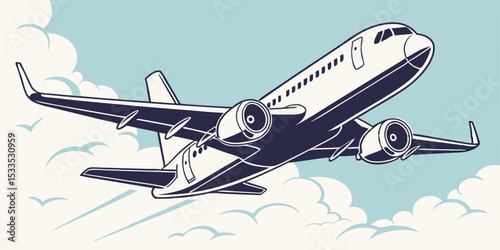 Stylized Airplane Ascending Through Cloudy Skies A Retro Aviation Illustration with a Modern Twist Perfect for Travel Design or Transportation Related Projects and Creative Visuals