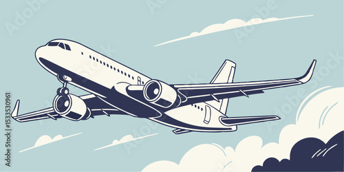 A stylized illustration of a passenger airplane taking off against a light blue sky with wispy clouds rendered in a limited color palette with bold