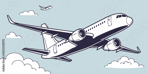 Aviation Illustration Two Airplanes Soaring Through a Cloudy Sky Depicted in a Clean Cartoon Style with a Limited Color Palette of White Dark Blue and