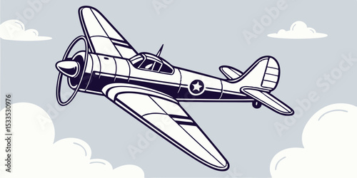 Vintage World War II Airplane Soaring Through the Sky with Clouds Rendered in a Clean Cartoon Style with Bold Outlines and a Classic Military Aesthetic