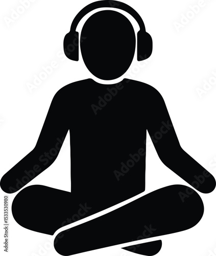 Silhouette person meditating with headphones black vector illustration