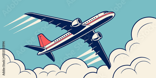 Retro Style Airplane Ascending Through Clouds A Vintage Aviation Illustration with a Classic Aesthetic Featuring Bold Lines Limited Color Palette and a Sense of Nostalgic