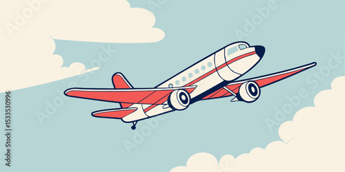 Vintage Cartoon Airplane Ascending Through Cloudy Skies Featuring Retro Design and Bold Color Palette for a Nostalgic and Whimsical Aviation Illustration Perfect for Travel and