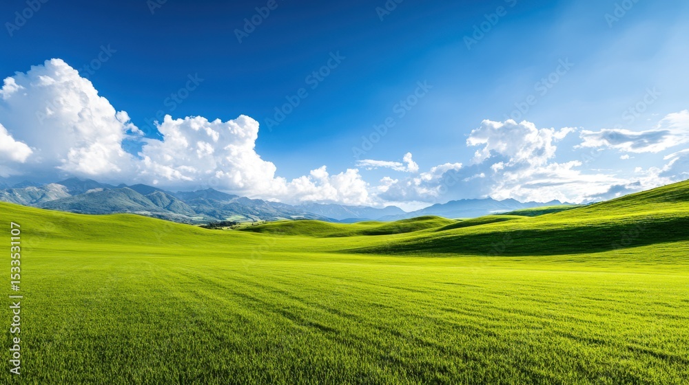 Obraz premium A vast, green empty pastureland with gentle rolling hills and distant mountains under a bright sunny sky.