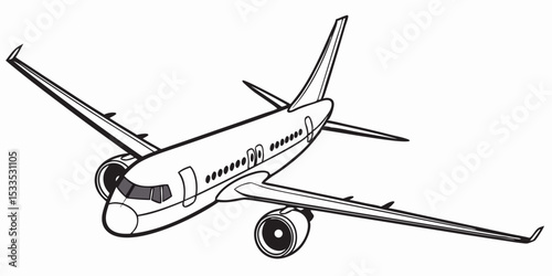 Detailed line drawing of a passenger airplane in flight showcasing its wings fuselage tail and engine placement rendered in a clean illustrative style against a