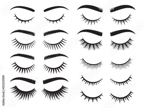Eyelash and eyebrow all styles black vector illustration for beauty makeup salon and cosmetics design