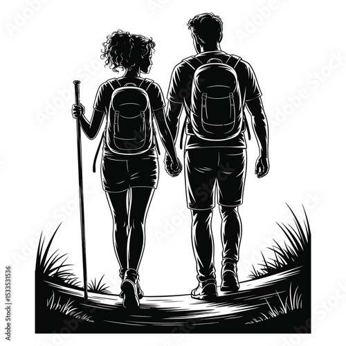Black and white silhouette illustration of a couple hiking with romantic and adventurous theme
