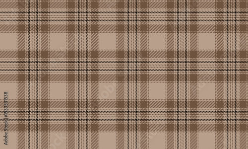 Seamless plaid fabric pattern, beige, brown, black for textile and clothing design such as skirt, pants, apron or others, giving a simple yet striking style, vector illustration.