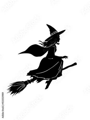 Witch on a broomstick. Vector black silhouette.