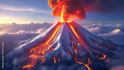 Majestic volcano erupting fiery lava snow capped peak