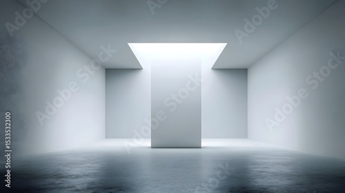 Minimal product stand in empty white cube room with skylight
